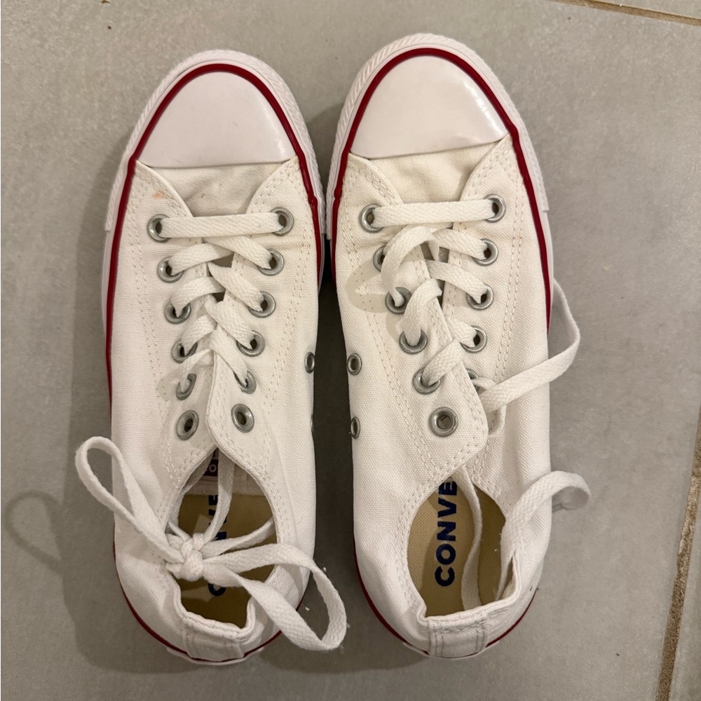 Converse White Low Top Canvas Sneakers with Red Stripe